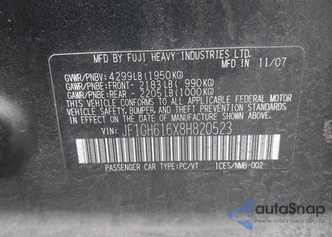 2008 Subaru Impreza 2.5I из США, поврежденный, VIN JF1GH616X8H820523